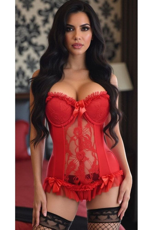 Lavish Red Lycra & Lace Hook & Eye Stretch Bustier Corset - Daisy Corsets