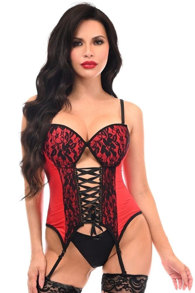 Lavish Red/Black Lycra & Lace Hook & Eye Lace - Up Bustier Corset w/Garters - Daisy Corsets
