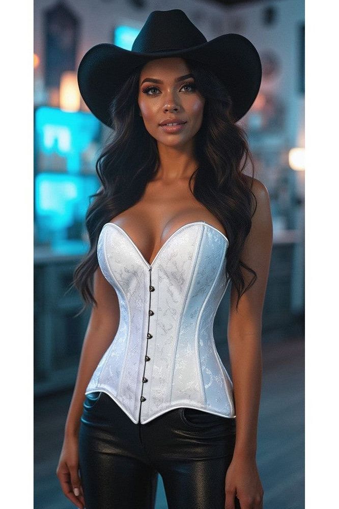 Lavish White Brocade Overbust Corset W/Busk Closure - Daisy Corsets