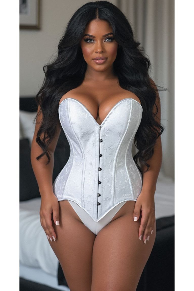 Lavish White Brocade Overbust Corset W/Busk Closure - Daisy Corsets