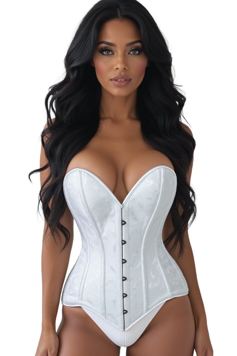 Lavish White Brocade Overbust Corset W/Busk Closure - Daisy Corsets