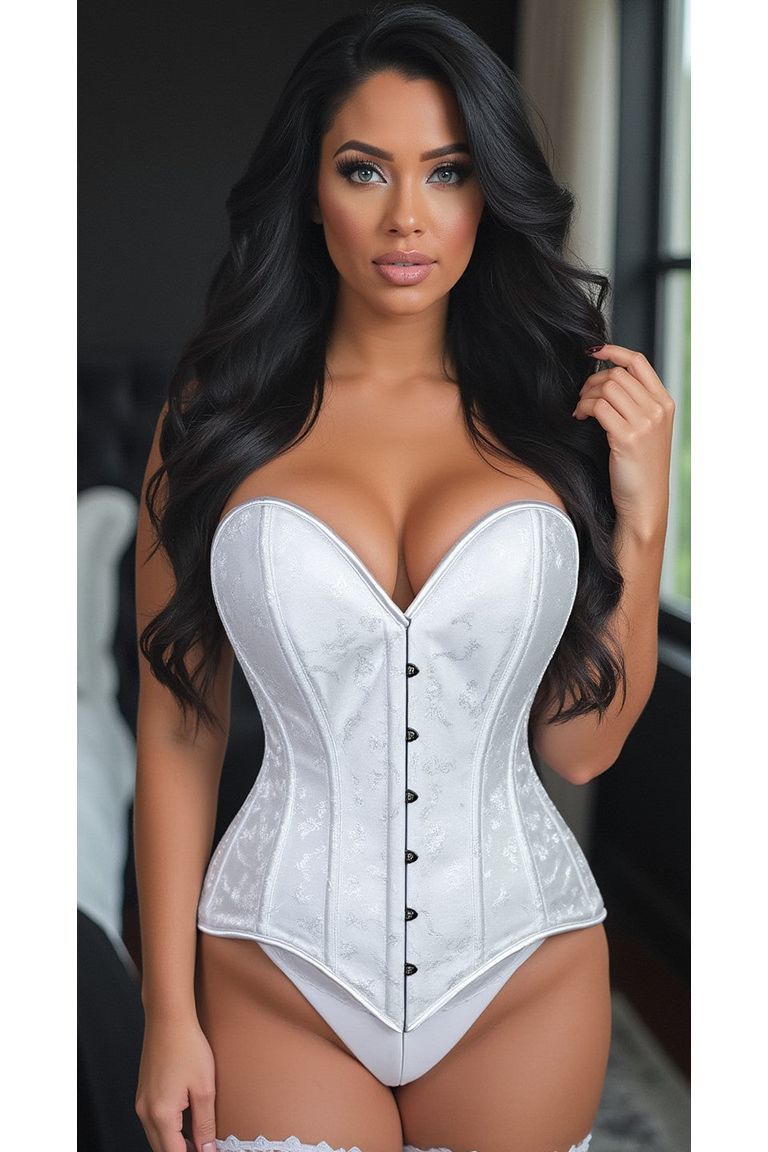 Lavish White Brocade Overbust Corset W/Busk Closure - Daisy Corsets