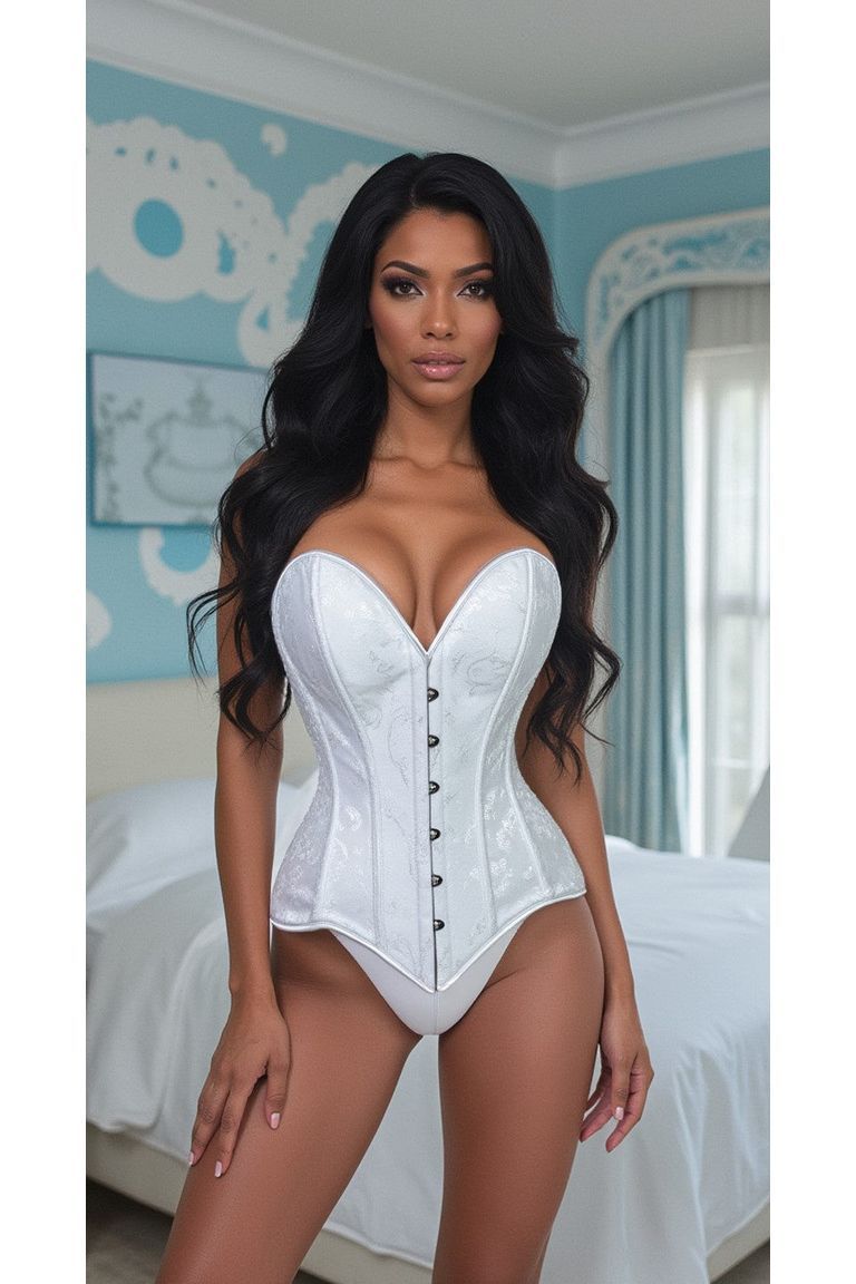 Lavish White Brocade Overbust Corset W/Busk Closure - Daisy Corsets