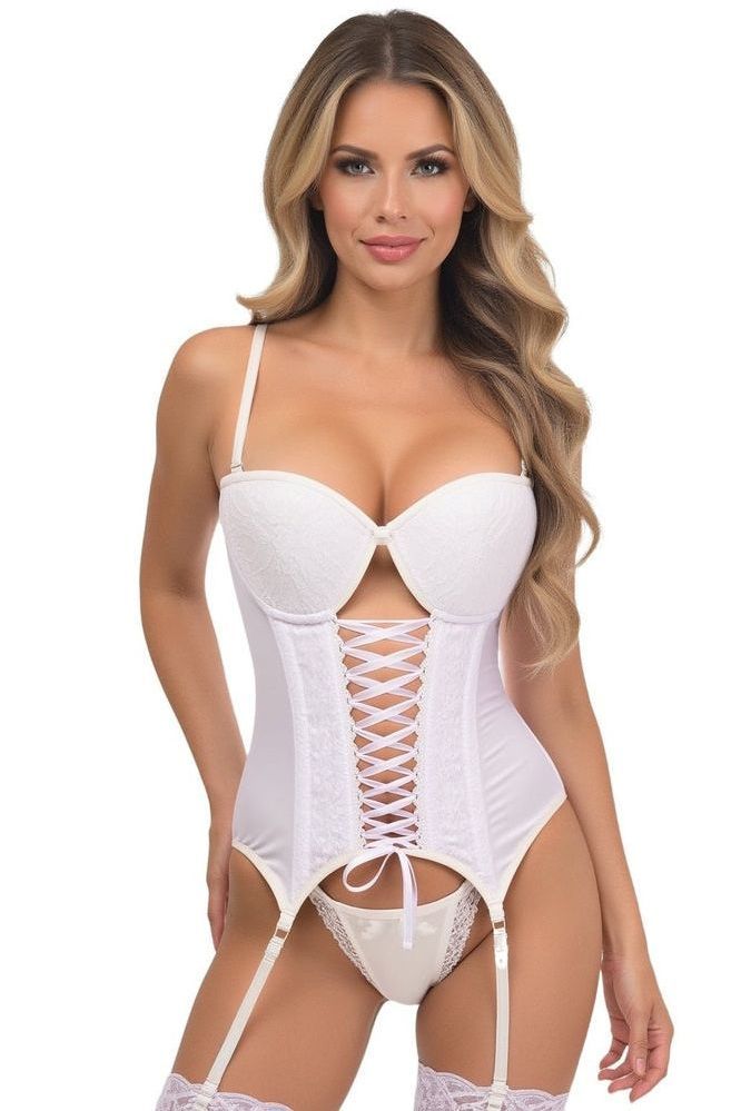 Lavish White Lycra & Lace Hook & Eye Lace - Up Bustier Corset w/Garters - Daisy Corsets