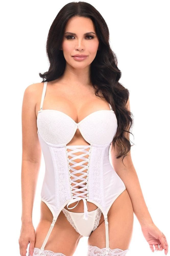 Lavish White Lycra & Lace Hook & Eye Lace - Up Bustier Corset w/Garters - Daisy Corsets