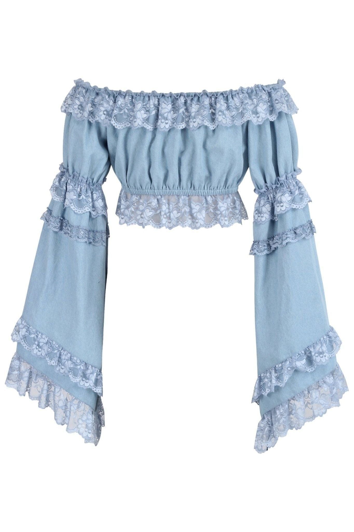 Light Blue Denim Smocked Flare Sleeve Peasant Top - Daisy Corsets