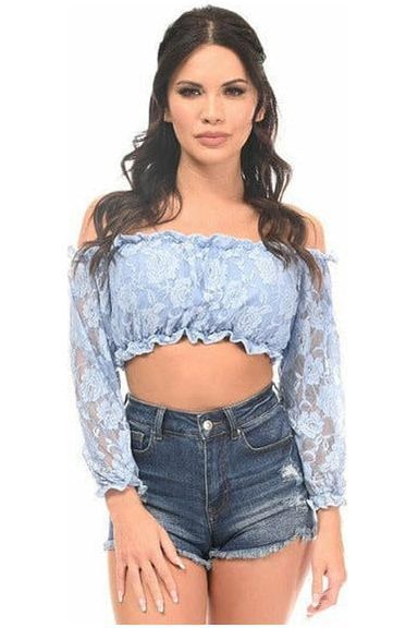 Lt Blue Lined Lace Long Sleeve Peasant Top - Daisy Corsets