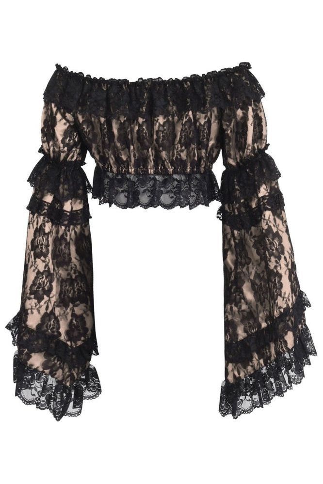 Nude/Black Lace Smocked Flare Sleeve Peasant Top - Daisy Corsets