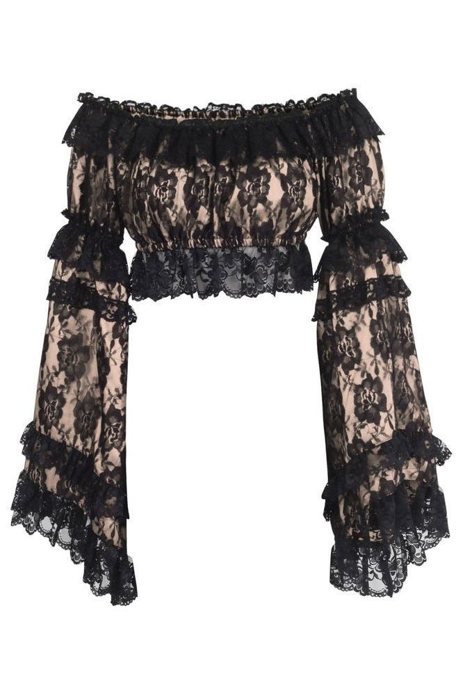 Nude/Black Lace Smocked Flare Sleeve Peasant Top - Daisy Corsets