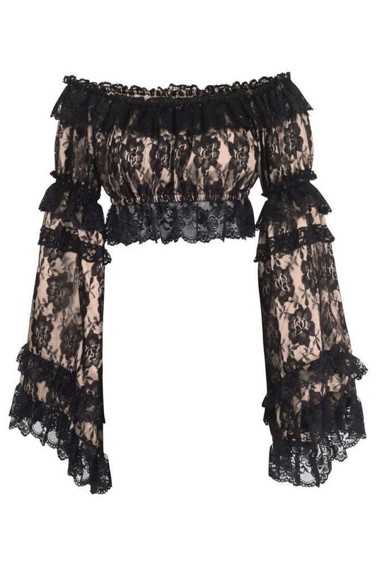 Nude/Black Lace Smocked Flare Sleeve Peasant Top - Daisy Corsets