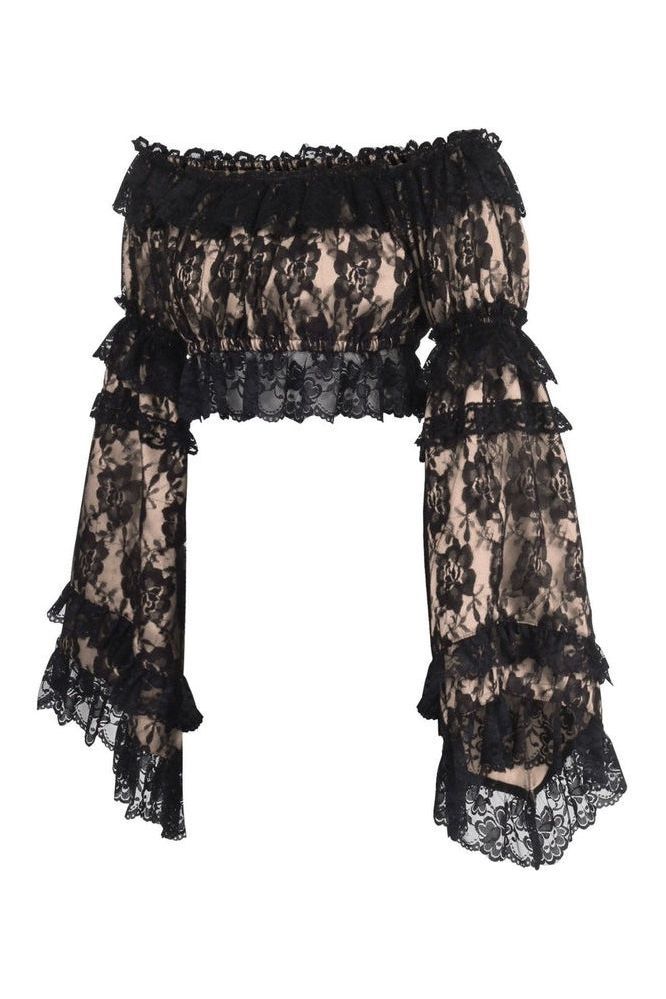 Nude/Black Lace Smocked Flare Sleeve Peasant Top - Daisy Corsets