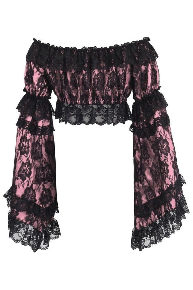 Pink/Black Lace Smocked Flare Sleeve Peasant Top - Daisy Corsets