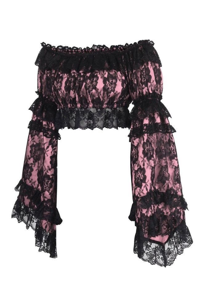 Pink/Black Lace Smocked Flare Sleeve Peasant Top - Daisy Corsets