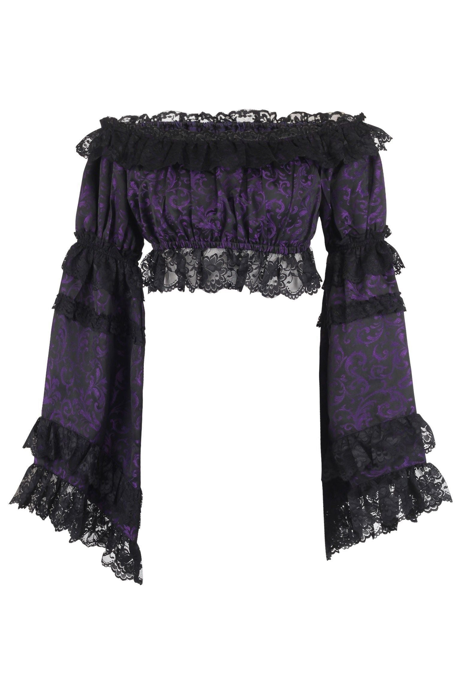 Purple/Black Brocade Smocked Flare Sleeve Peasant Top - Daisy Corsets