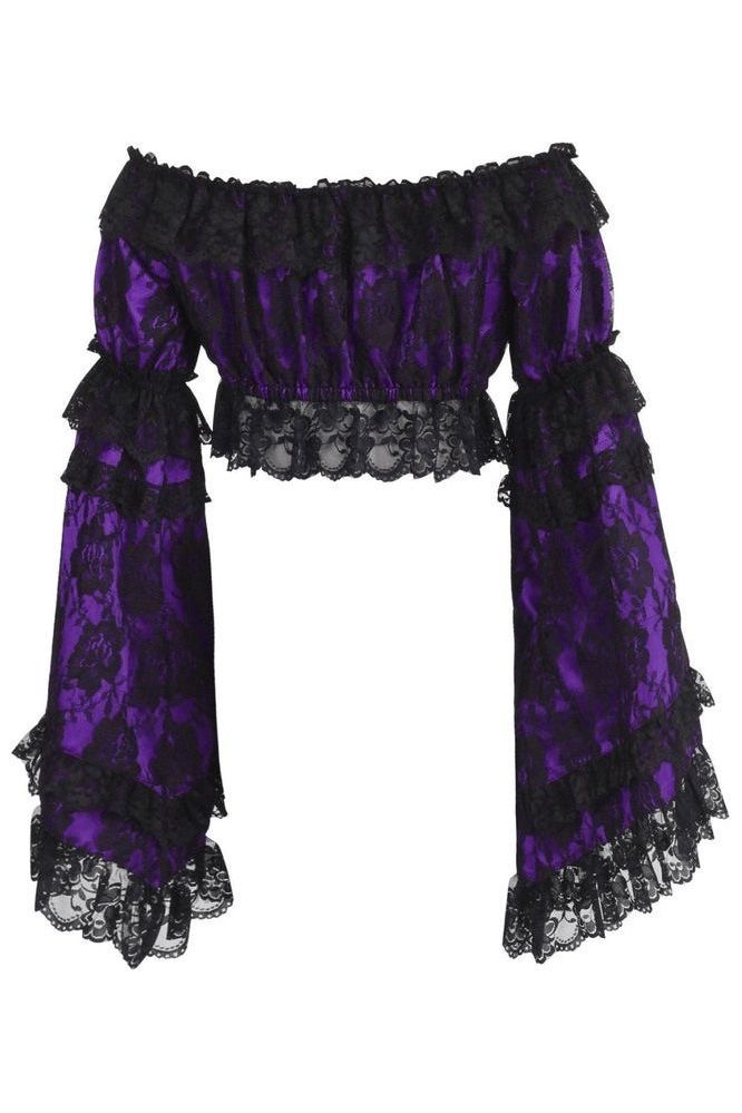 Purple/Black Lace Smocked Flare Sleeve Peasant Top - Daisy Corsets