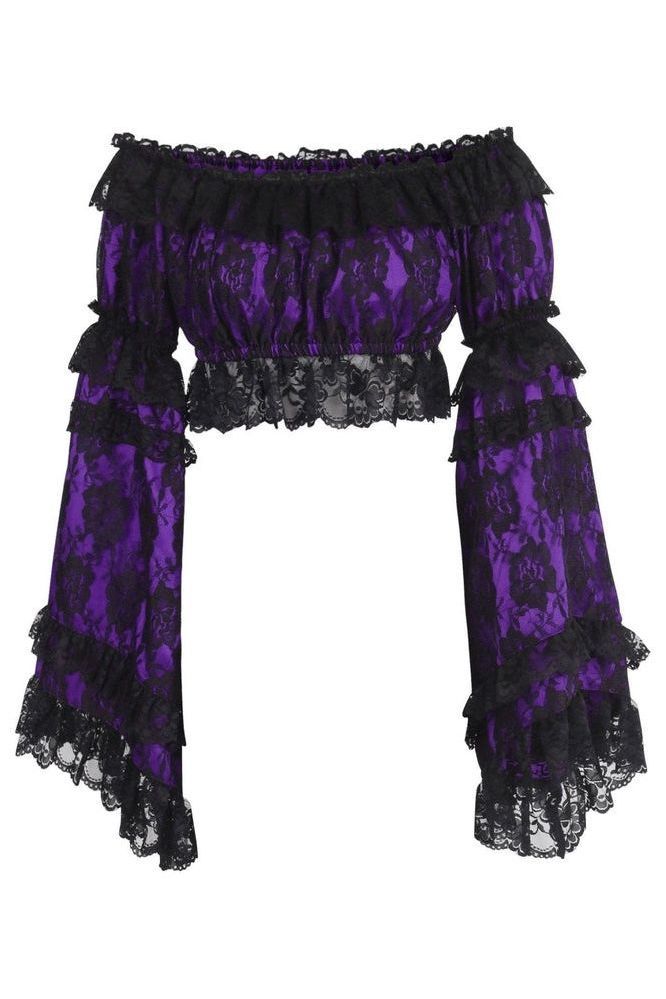 Purple/Black Lace Smocked Flare Sleeve Peasant Top - Daisy Corsets