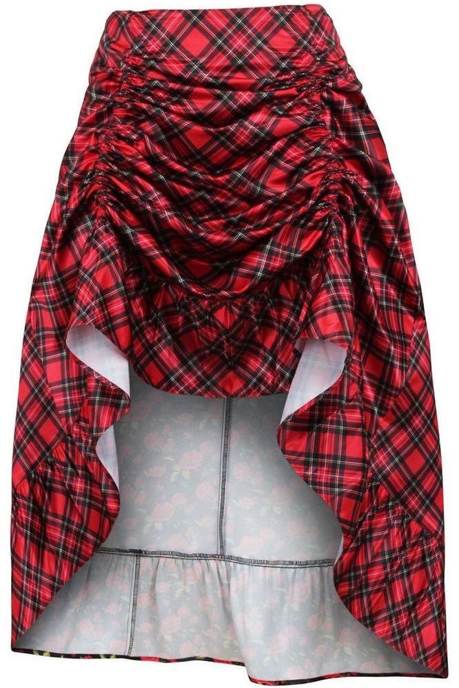 Red Plaid Satin Adjustable High Low Skirt - Daisy Corsets