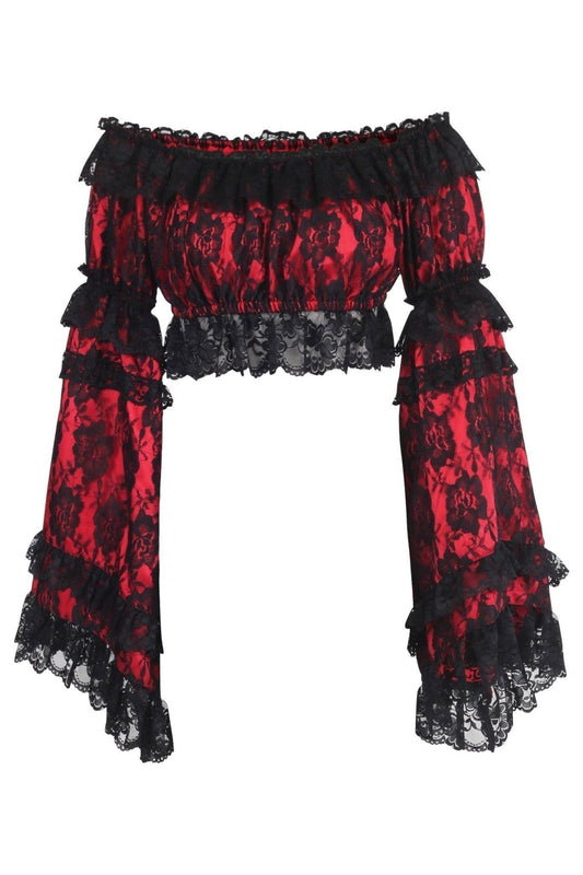 Red/Black Lace Smocked Flare Sleeve Peasant Top - Daisy Corsets