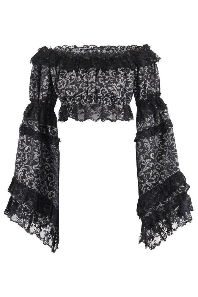 Silver/Black Brocade Smocked Flare Sleeve Peasant Top - Daisy Corsets
