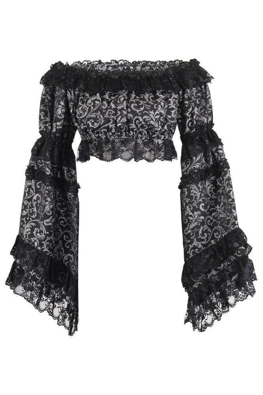 Silver/Black Brocade Smocked Flare Sleeve Peasant Top - Daisy Corsets