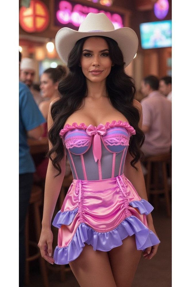 Top Drawer 2 PC Steel Boned Purple/Pink Mesh Underwire Bustier Corset & Skirt Set - Daisy Corsets