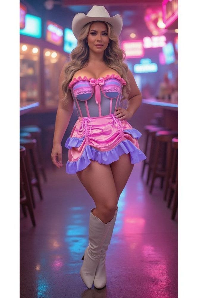 Top Drawer 2 PC Steel Boned Purple/Pink Mesh Underwire Bustier Corset & Skirt Set - Daisy Corsets