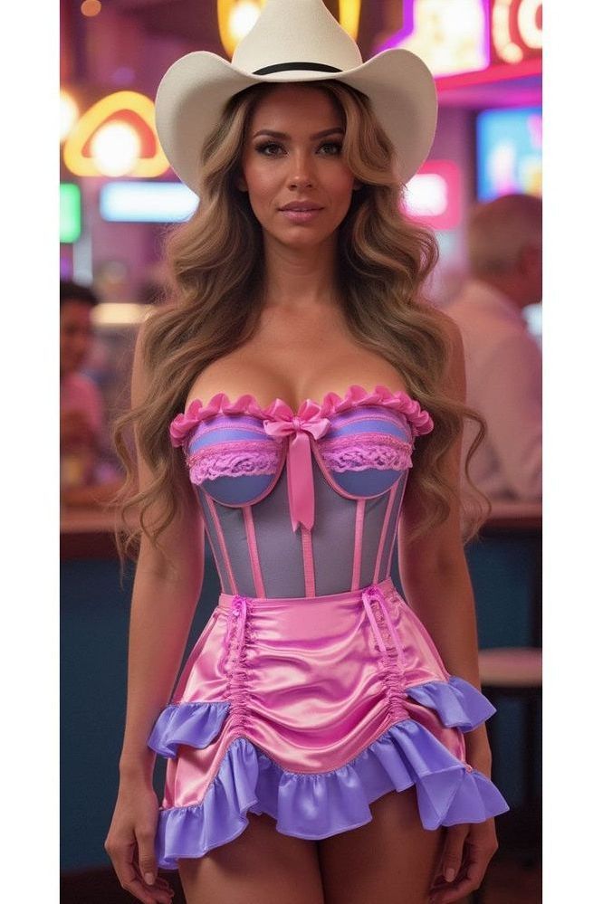 Top Drawer 2 PC Steel Boned Purple/Pink Mesh Underwire Bustier Corset & Skirt Set - Daisy Corsets