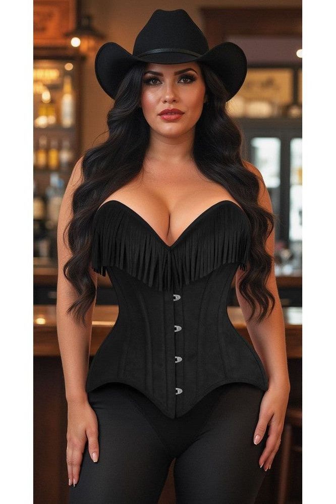 Top Drawer Black Suede Steel Boned Overbust Corset w/Fringe - Daisy Corsets