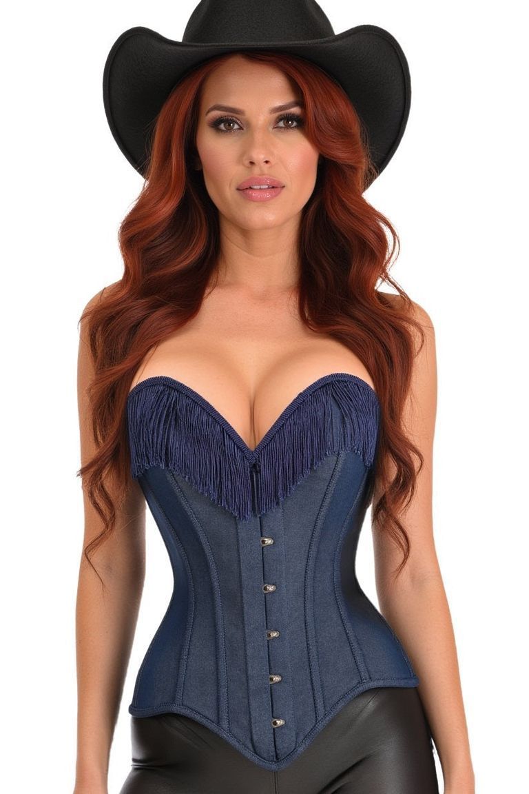 Top Drawer Dark Blue Denim Steel Boned Overbust Corset w/Fringe - Daisy Corsets