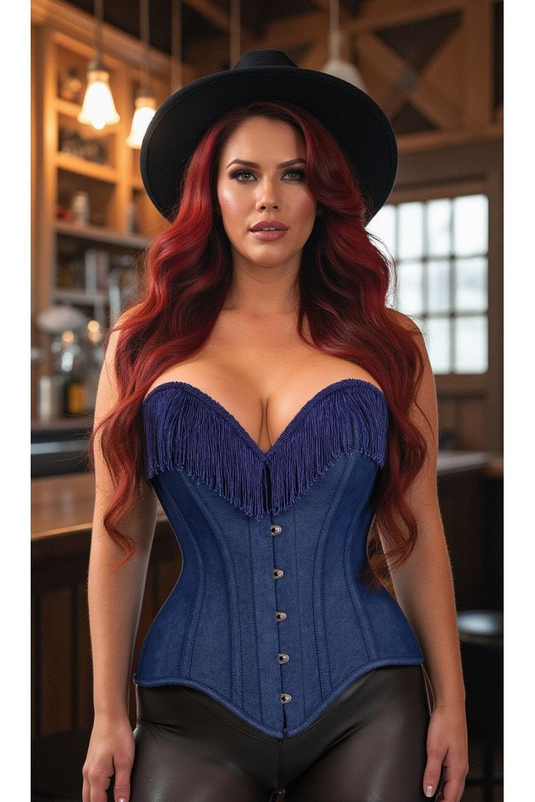 Top Drawer Dark Blue Denim Steel Boned Overbust Corset w/Fringe - Daisy Corsets