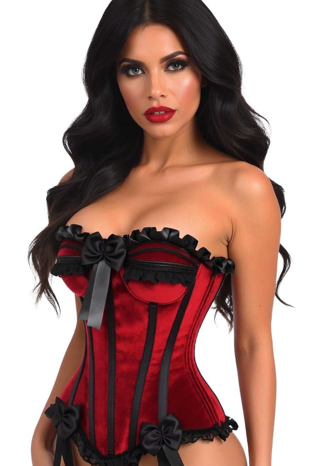 Top Drawer Dark Red Velvet Steel Boned Burlesque Corset - Daisy Corsets