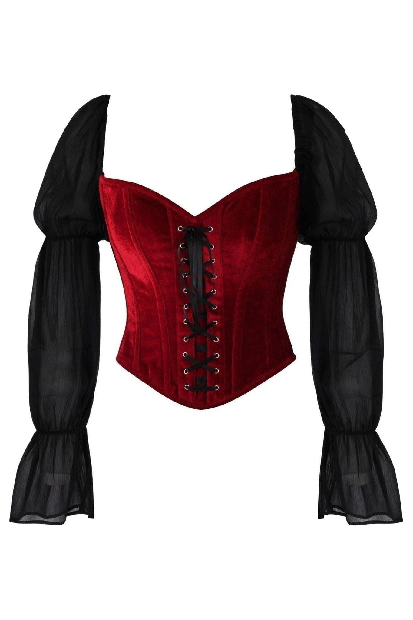 Top Drawer Dark Red Velvet Steel Boned Corset w/Sleeves - Daisy Corsets
