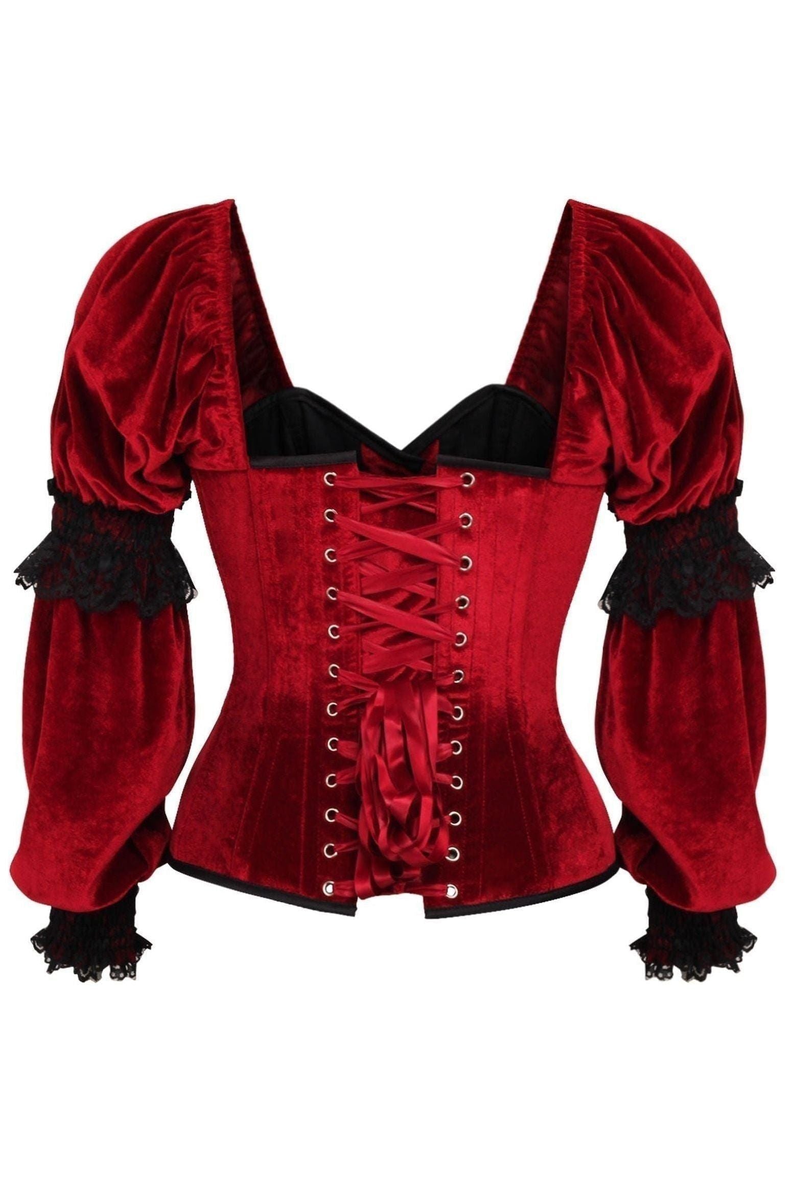 Top Drawer Dark Red Velvet Steel Boned Long Sleeve Corset - Daisy Corsets