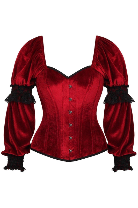 Top Drawer Dark Red Velvet Steel Boned Long Sleeve Corset - Daisy Corsets