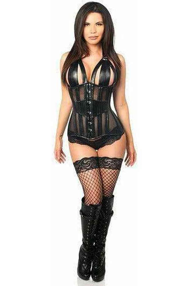Top Drawer Faux Leather & Fishnet Steel Boned Halter Top Corset