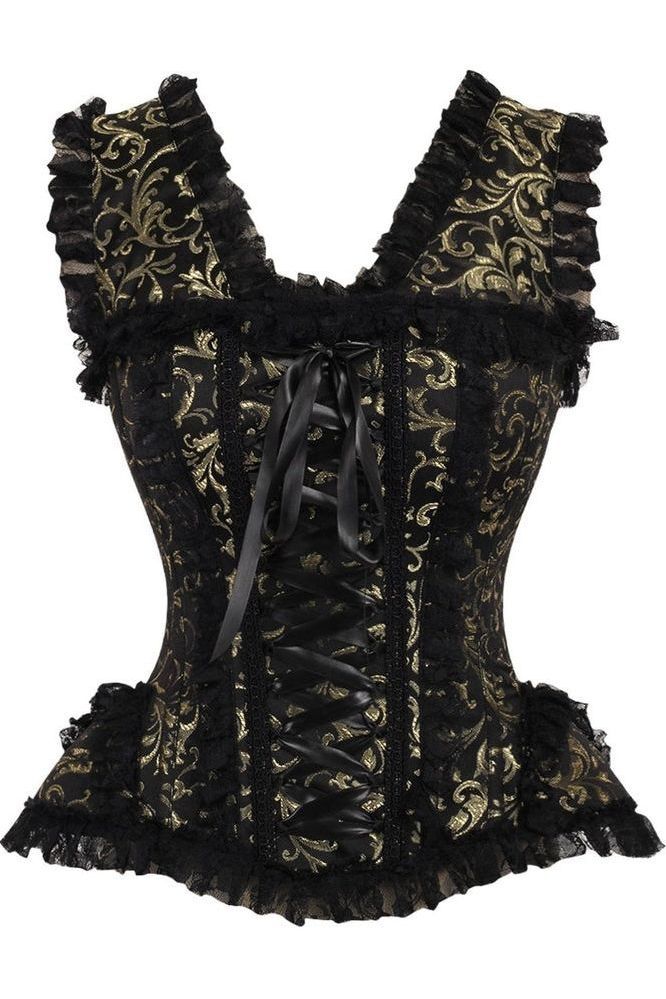 Top Drawer Gold/Black Swirl Brocade & Lace Steel Boned Corset w/Cap Sleeves