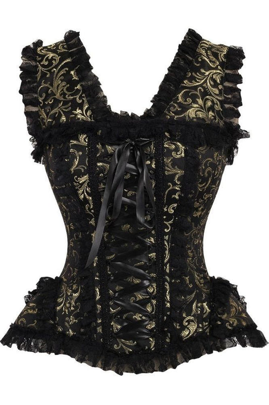Top Drawer Gold/Black Swirl Brocade & Lace Steel Boned Corset w/Cap Sleeves