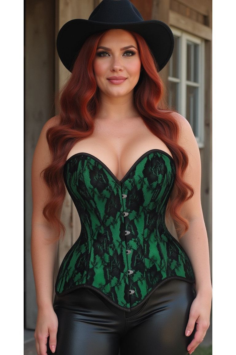 Top Drawer Green Satin w/Black Lace Overlay Steel Boned Overbust Corset - Daisy Corsets