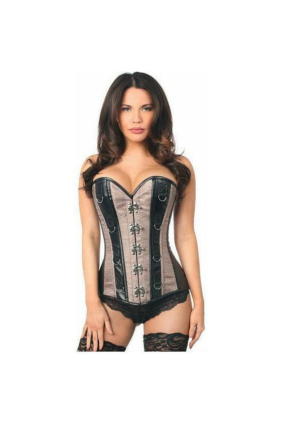 Top Drawer Gunmetal Brocade & Faux Leather Steel Boned Corset - Daisy Corsets