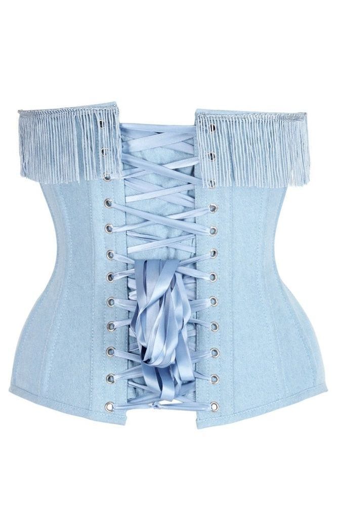 Top Drawer Light Blue Denim Steel Boned Overbust Corset w/Fringe - Daisy Corsets
