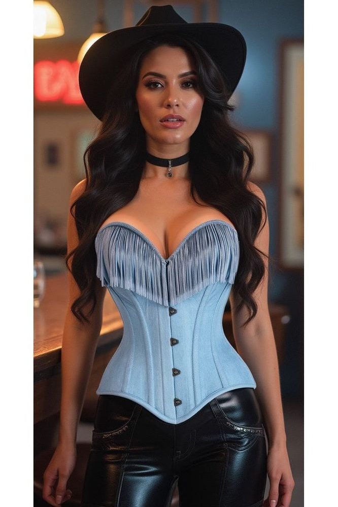 Top Drawer Light Blue Denim Steel Boned Overbust Corset w/Fringe - Daisy Corsets