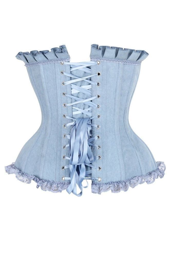 Top Drawer Light Blue Denim Underwire Steel Boned Burlesque Corset w/Bows - Daisy Corsets