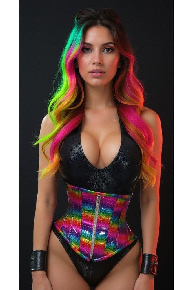 Top Drawer Rainbow Glitter Holo Steel Boned Mid Under Bust Corset - Daisy Corsets