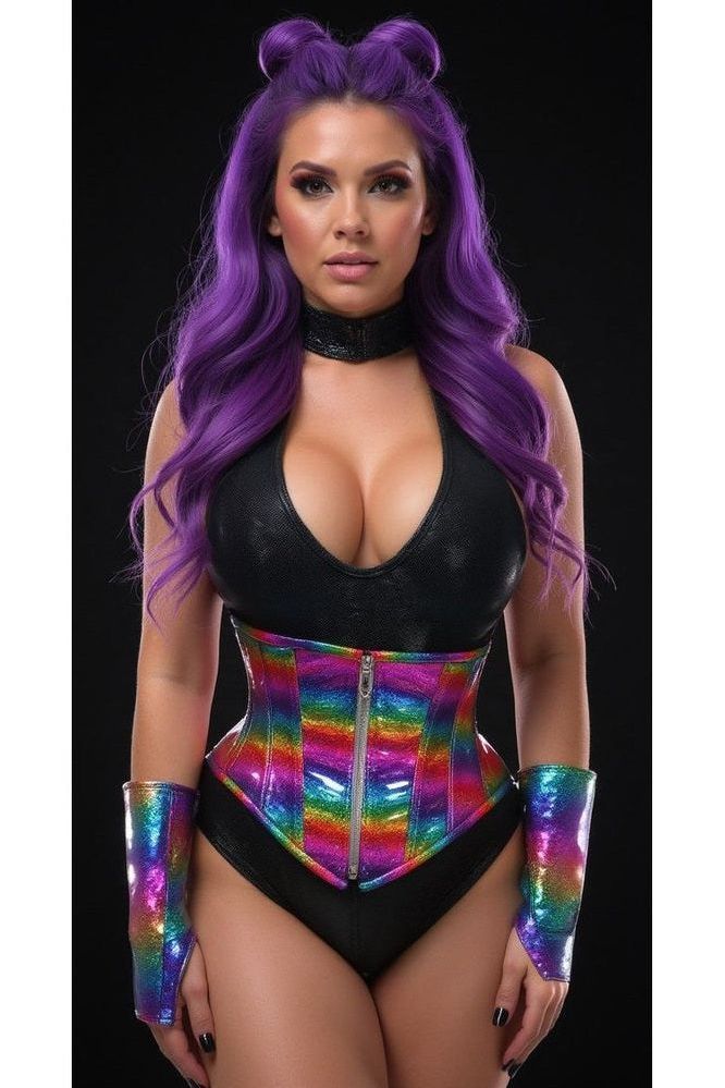 Top Drawer Rainbow Glitter Holo Steel Boned Mid Under Bust Corset - Daisy Corsets