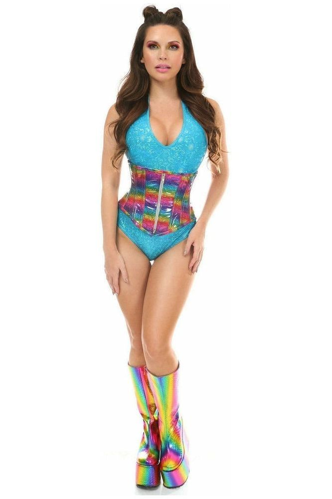 Top Drawer Rainbow Glitter Holo Steel Boned Mid Under Bust Corset - Daisy Corsets