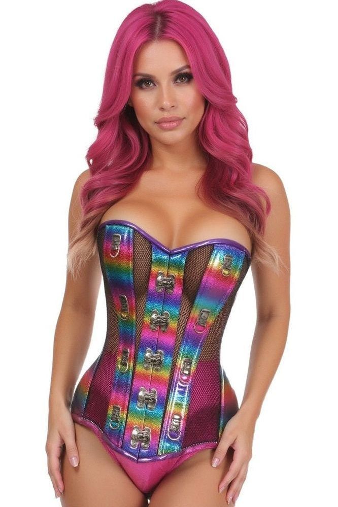 Top Drawer Rainbow Glitter PVC & Black Fishnet Steel Boned Over Bust Corset - Daisy Corsets