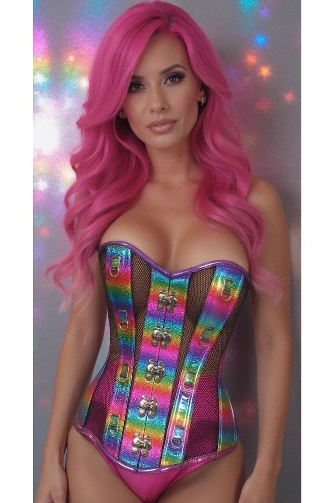Top Drawer Rainbow Glitter PVC & Black Fishnet Steel Boned Over Bust Corset - Daisy Corsets