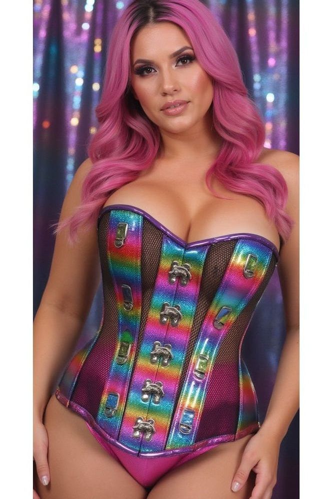 Top Drawer Rainbow Glitter PVC & Black Fishnet Steel Boned Over Bust Corset - Daisy Corsets