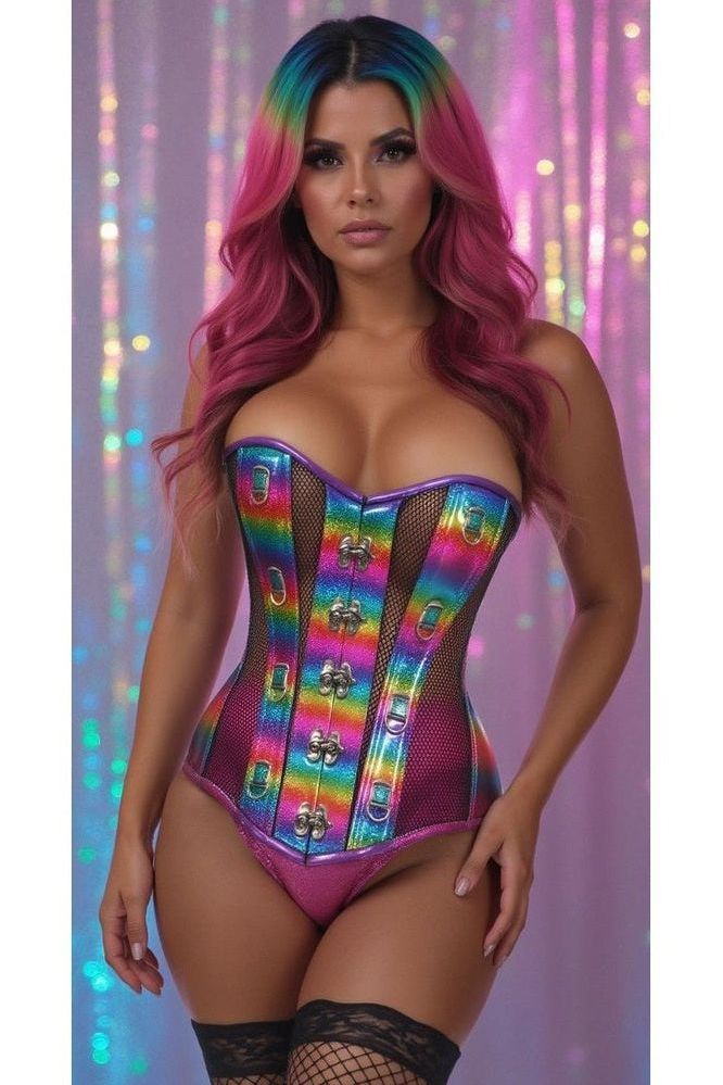 Top Drawer Rainbow Glitter PVC & Black Fishnet Steel Boned Over Bust Corset - Daisy Corsets