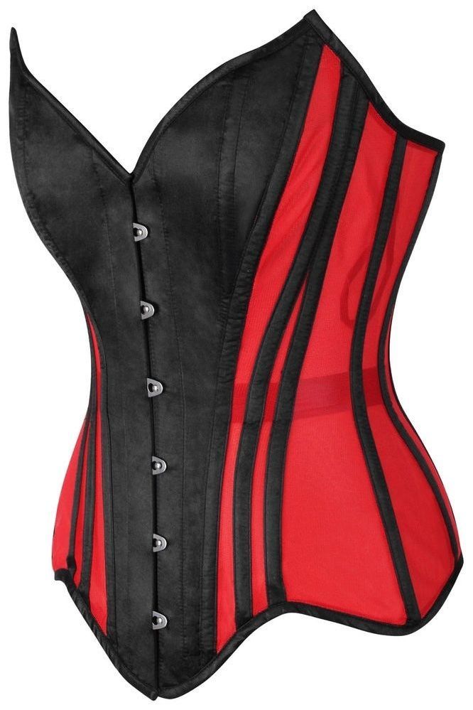 Top Drawer Red Mesh & Black Satin Steel Boned Overbust Corset